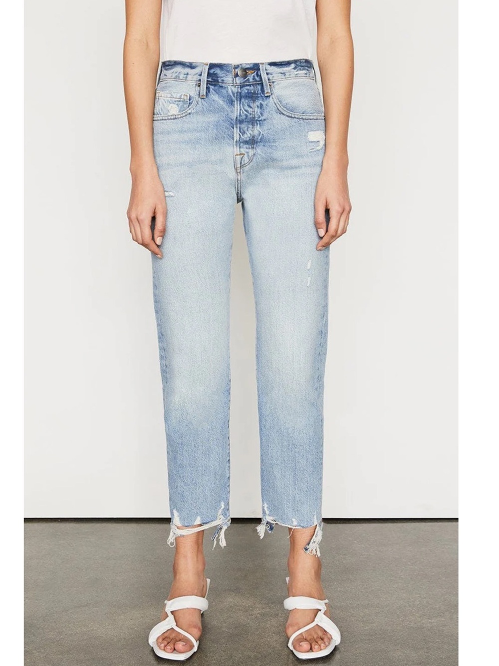 Frame Denim Pale Blue Cropped Raw-Hem Straight Jeans
